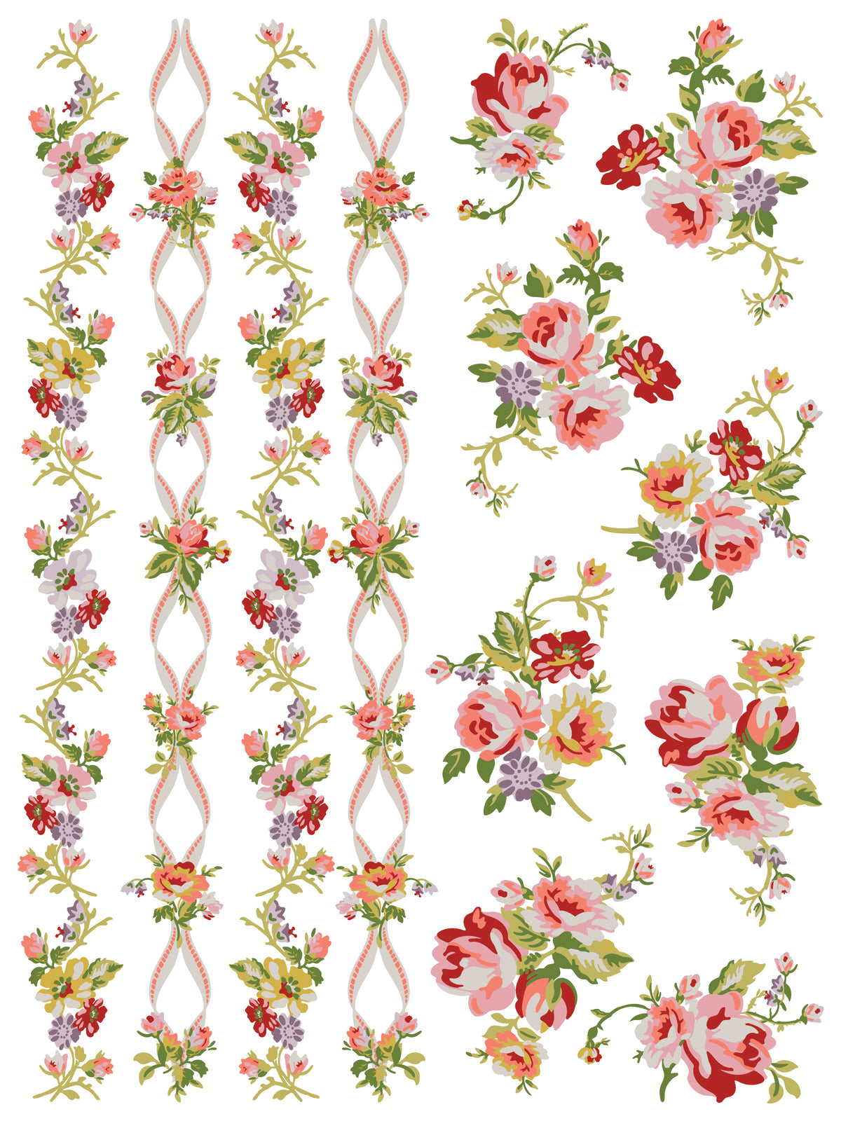 Vertical floral garlands and bouquets pattern, inspired by Ditsy Blooms Paint Inlay by I.O.D., on white background.