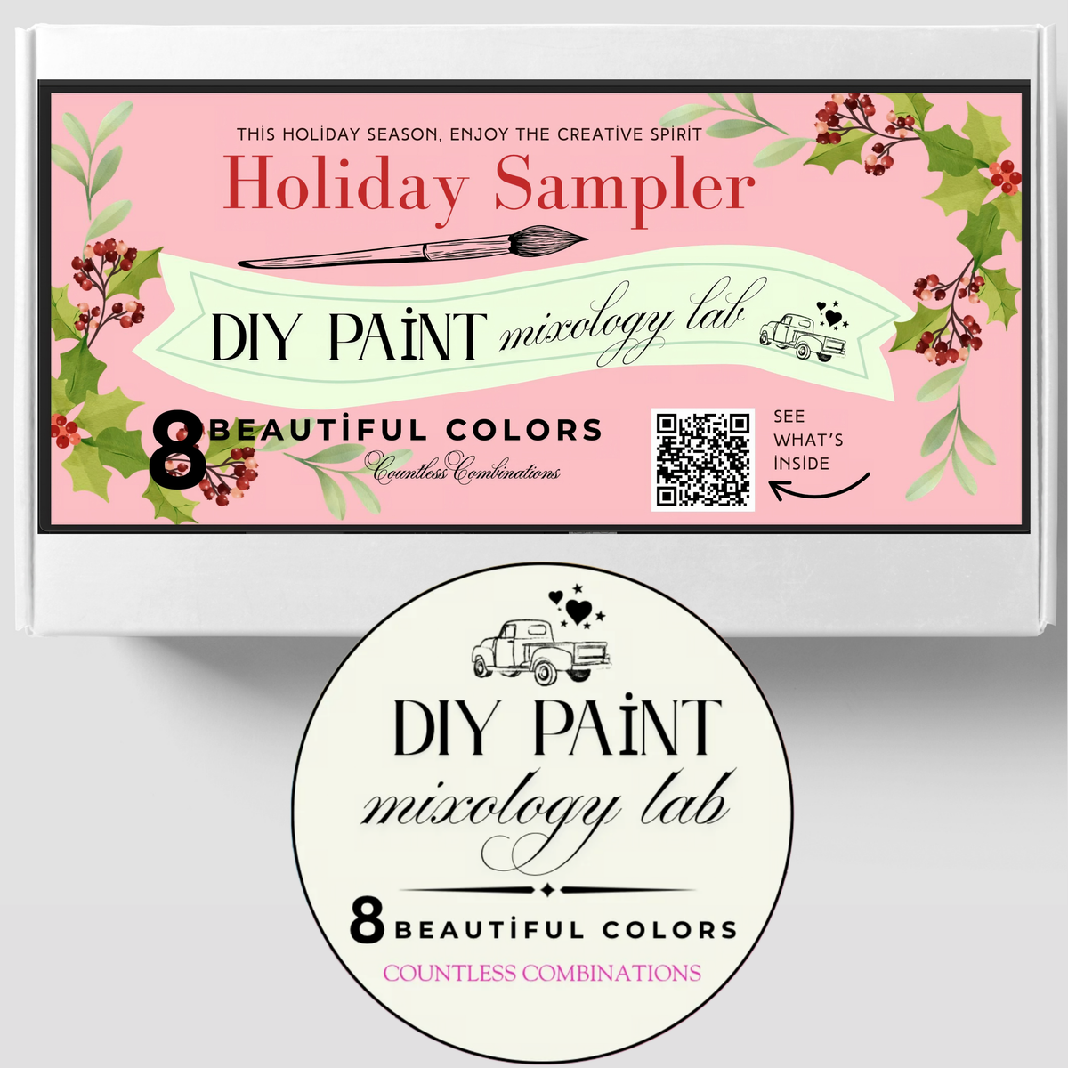 DIY Paint Co. Mixology Lab Paint 8-Color Sampler Box, 2025 Holiday Set with festive graphics.
