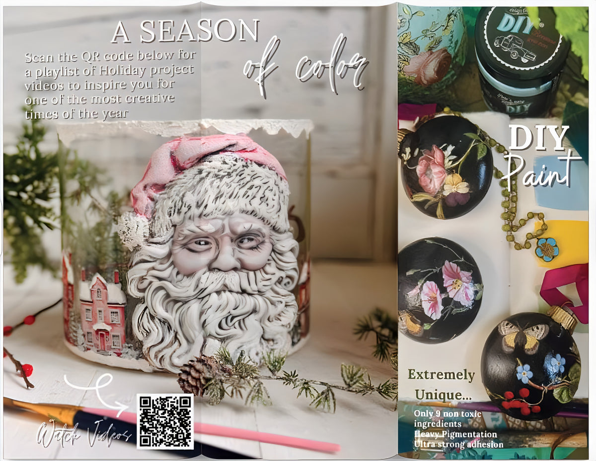 Santa jar beside DIY Paint Co. Mixology Lab 8-Color Sampler (2025 Holiday) page with QR code for ornament ideas.