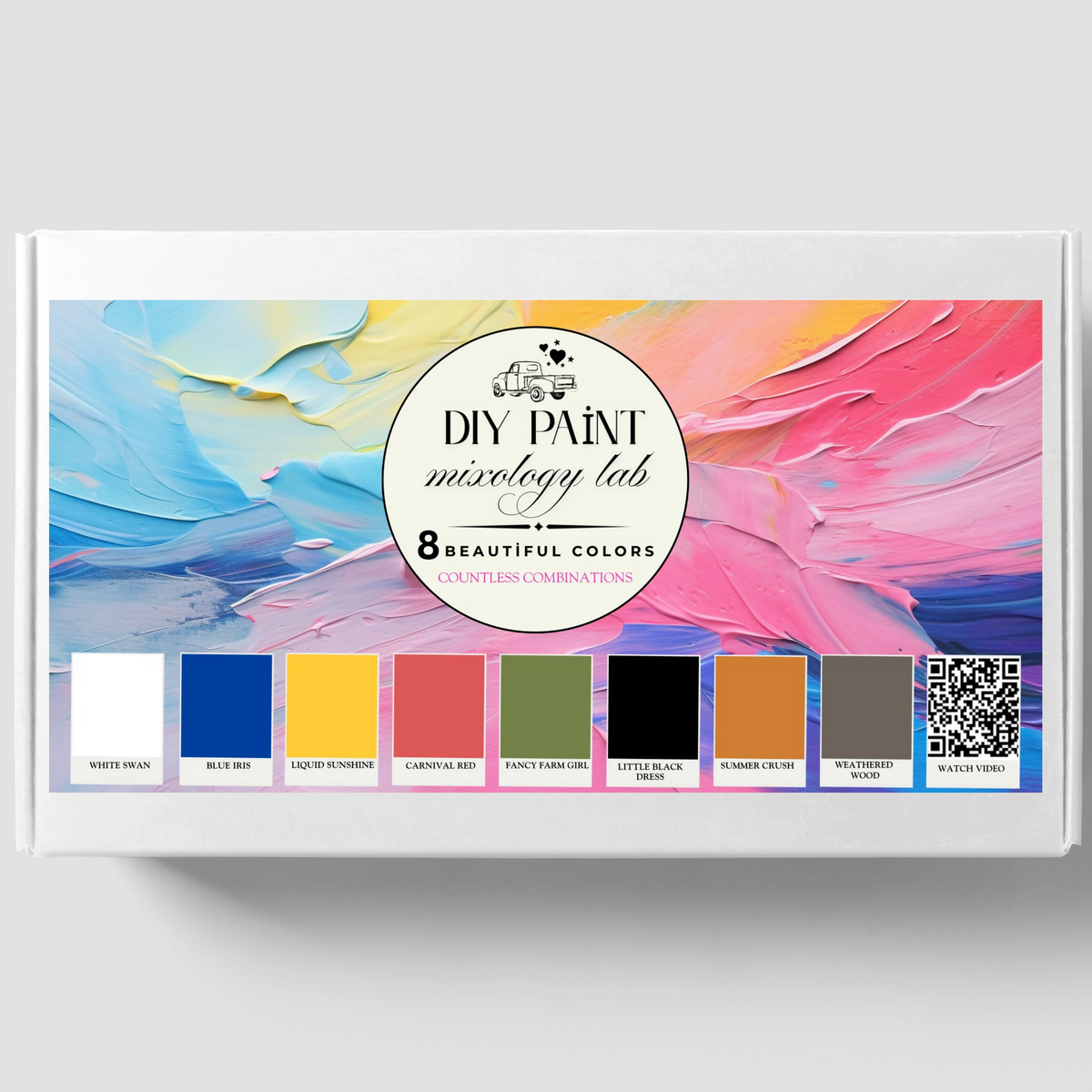 DIY Paint Co. Mixology Lab 8-Color Sampler Box (Spring 2025) with color samples, names, QR code, and abstract design.
