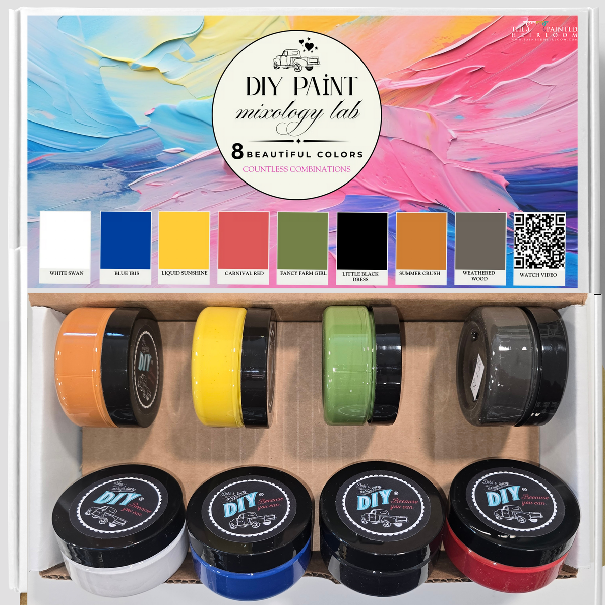 DIY Paint Co. DIY Mixology Lab Paint 8-Color Sampler Box (2025 Spring) with 8 paint tubs and color chart.
