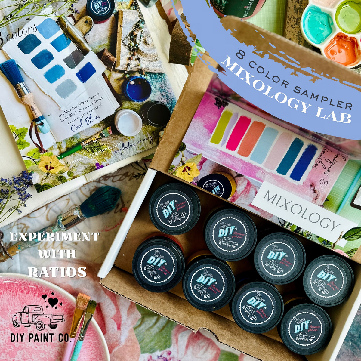 DIY Paint Co. Mixology Lab 8-Color Sampler Box, 2025 Spring set with paints, brushes, and paper included.