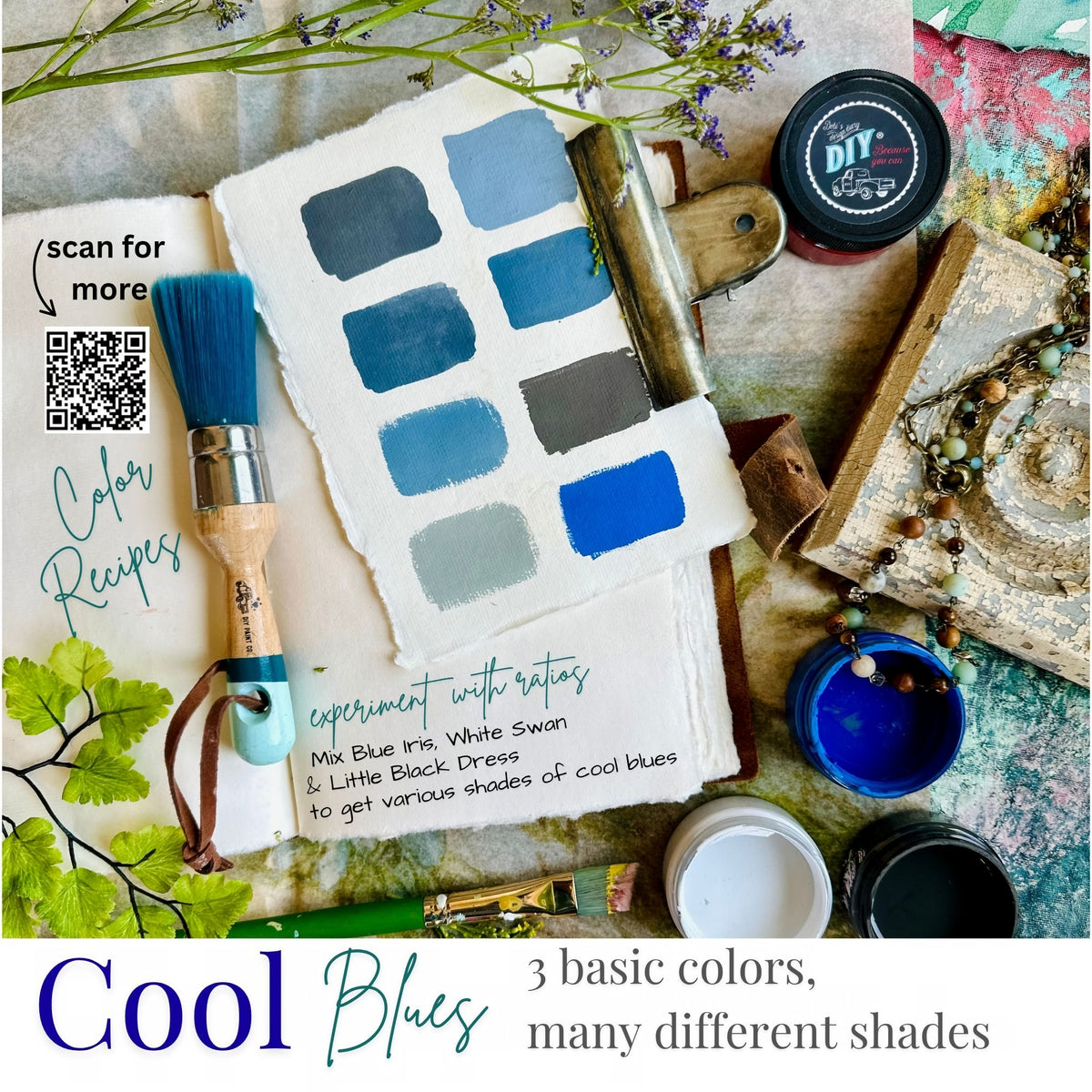 DIY Paint Co. Mixology Lab 8-Color Sampler with brush, can, beads, and flowers displayed on a journal.