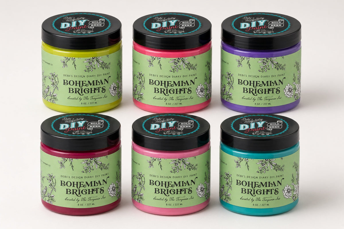 Six Bohemian Brights jars by DIY Paint Co. displayed in two rows, showcasing different colors.