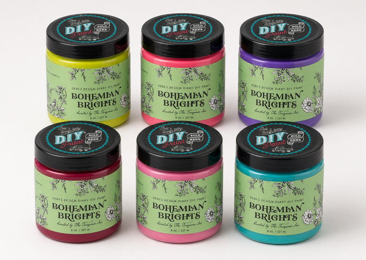 Five Bohemian Brights jars by DIY Paint Co. displayed in two rows on a white surface.