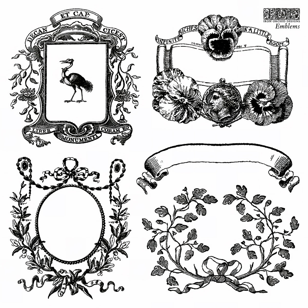 Set of 4 ornate vintage frames, compatible with I.O.D. Emblems Mini-Stamp by Iron Orchid Designs.