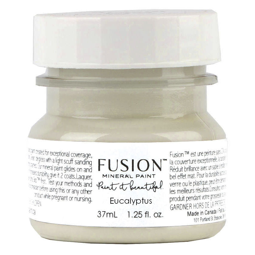 37mL Fusion Mineral Paint jar, Eucalyptus (muted green) shade, gray paint visible, white label.