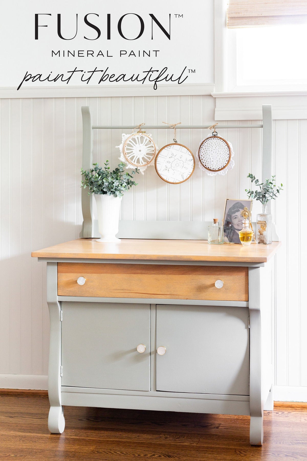 Cabinet beneath Fusion Mineral Paint sign featuring Eucalyptus Fusion Mineral Paint.