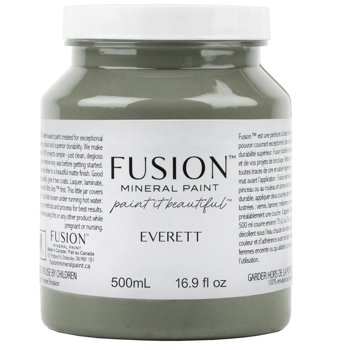 500ml jar of Everett Fusion Mineral Paint in grayish olive green with white label.