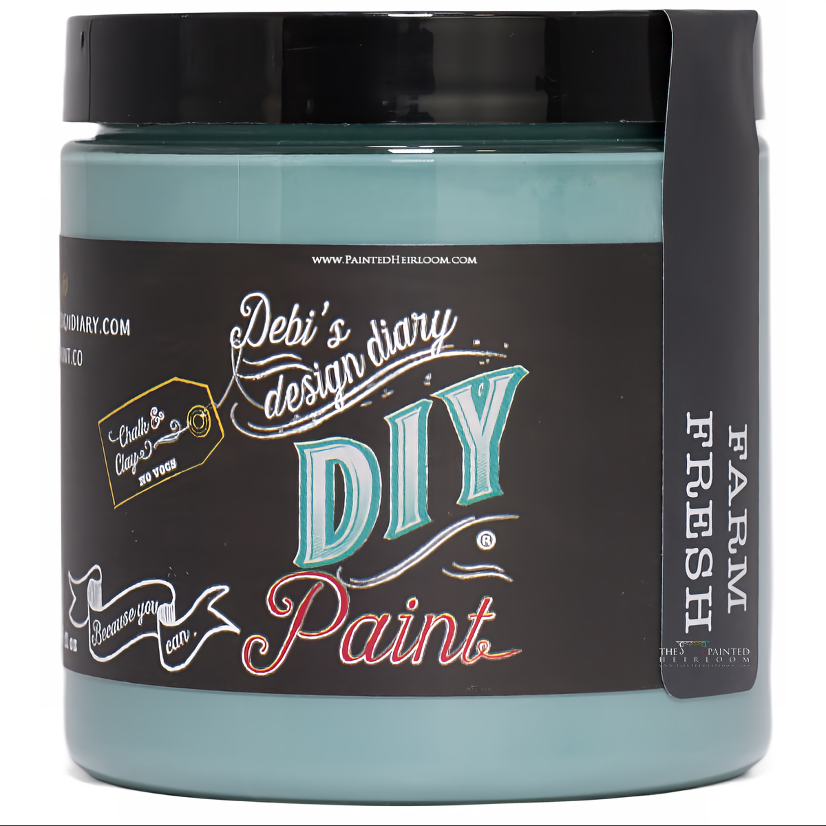 DIY Paint Co. Farm Fresh clay and chalk paint container with black label, white and teal text.
