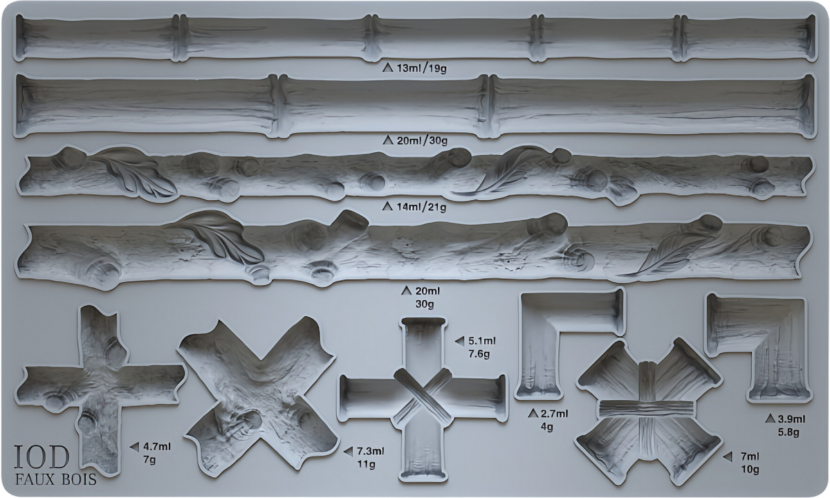 IOD Faux Bois Mould by Iron Orchid Designs with labeled faux wood and bamboo trim shapes.