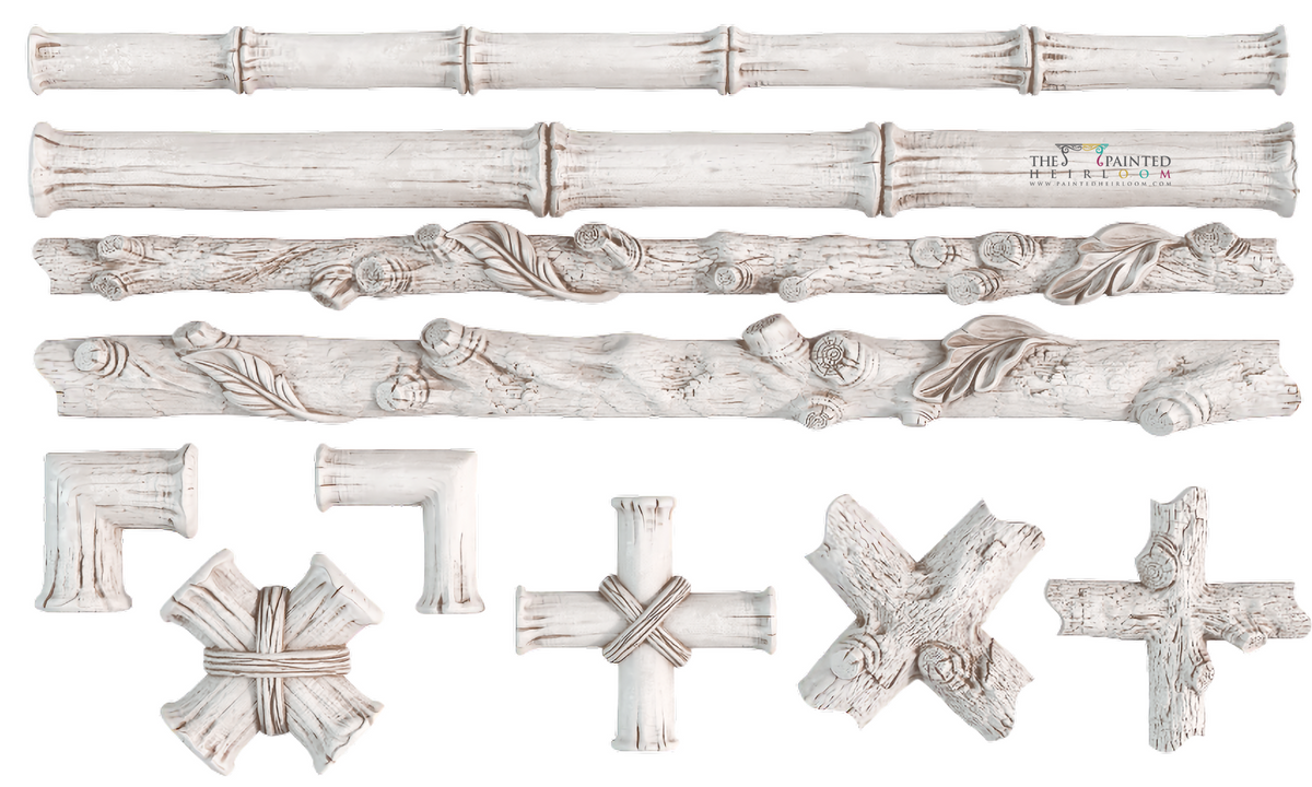 Eight white I.O.D. Faux Bois Moulds with wood and bamboo texture, retired furniture decorative accents.