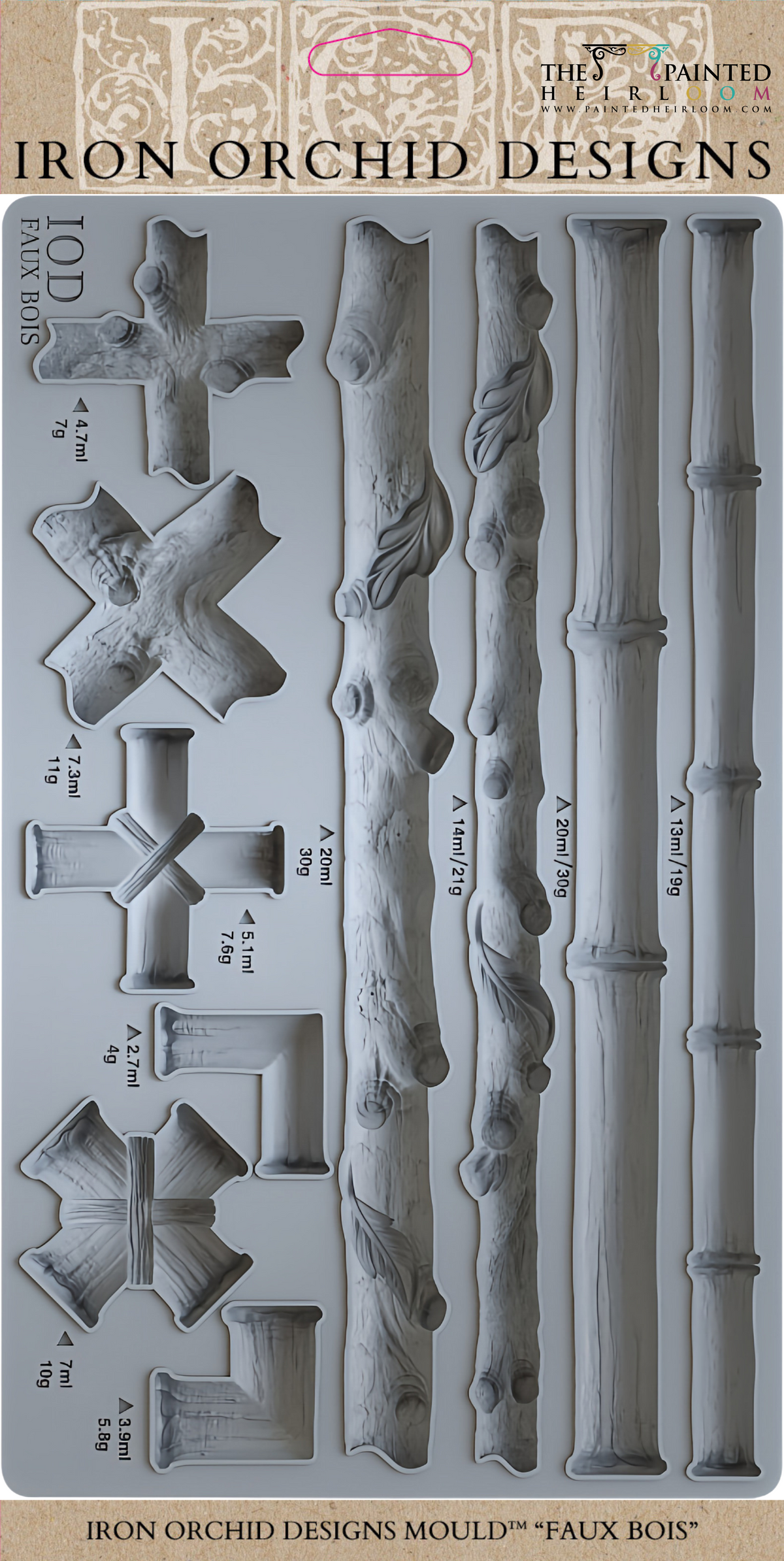Faux Bois Mould (Retired) by I.O.D. with branch and cross-section patterns for decorative furniture projects.