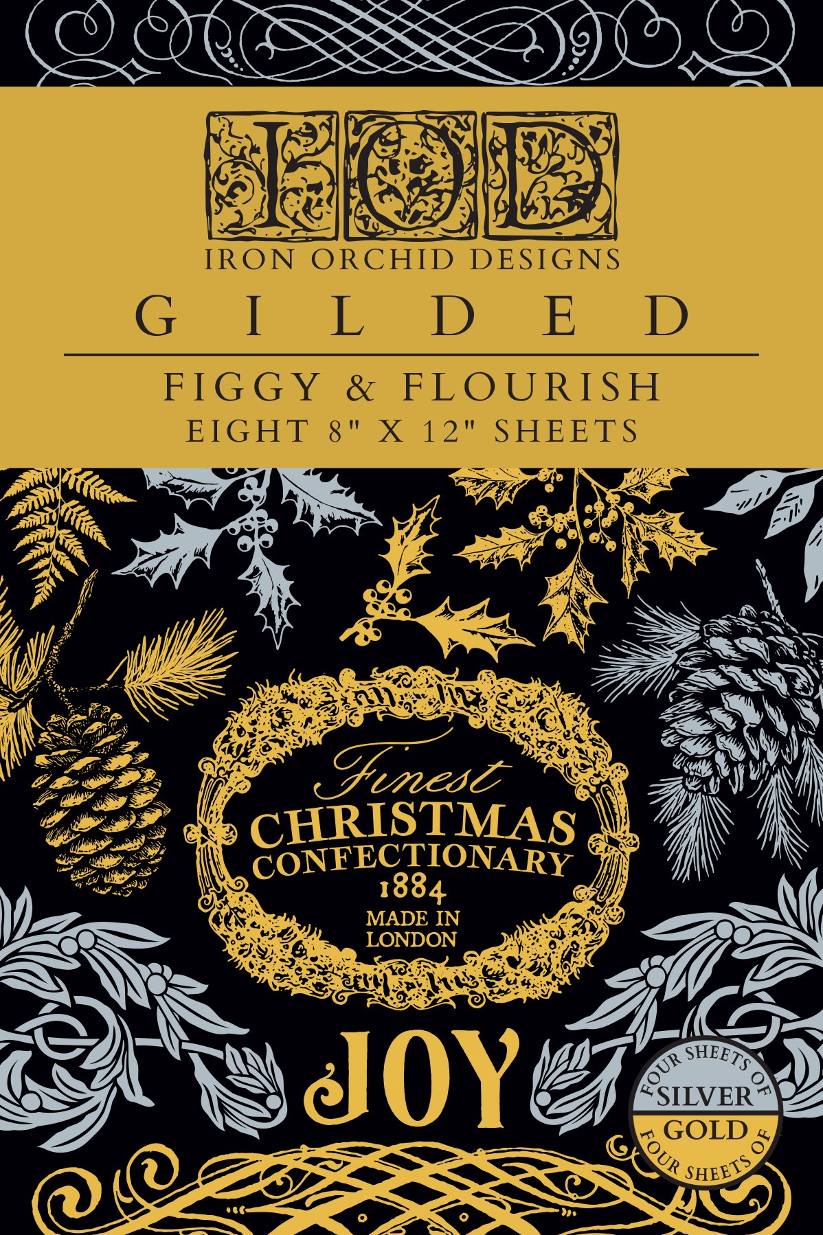 I.O.D. Figgy & Flourish Gilded Transfer packaging with gold, silver, pinecones, foliage, and “JOY” text.