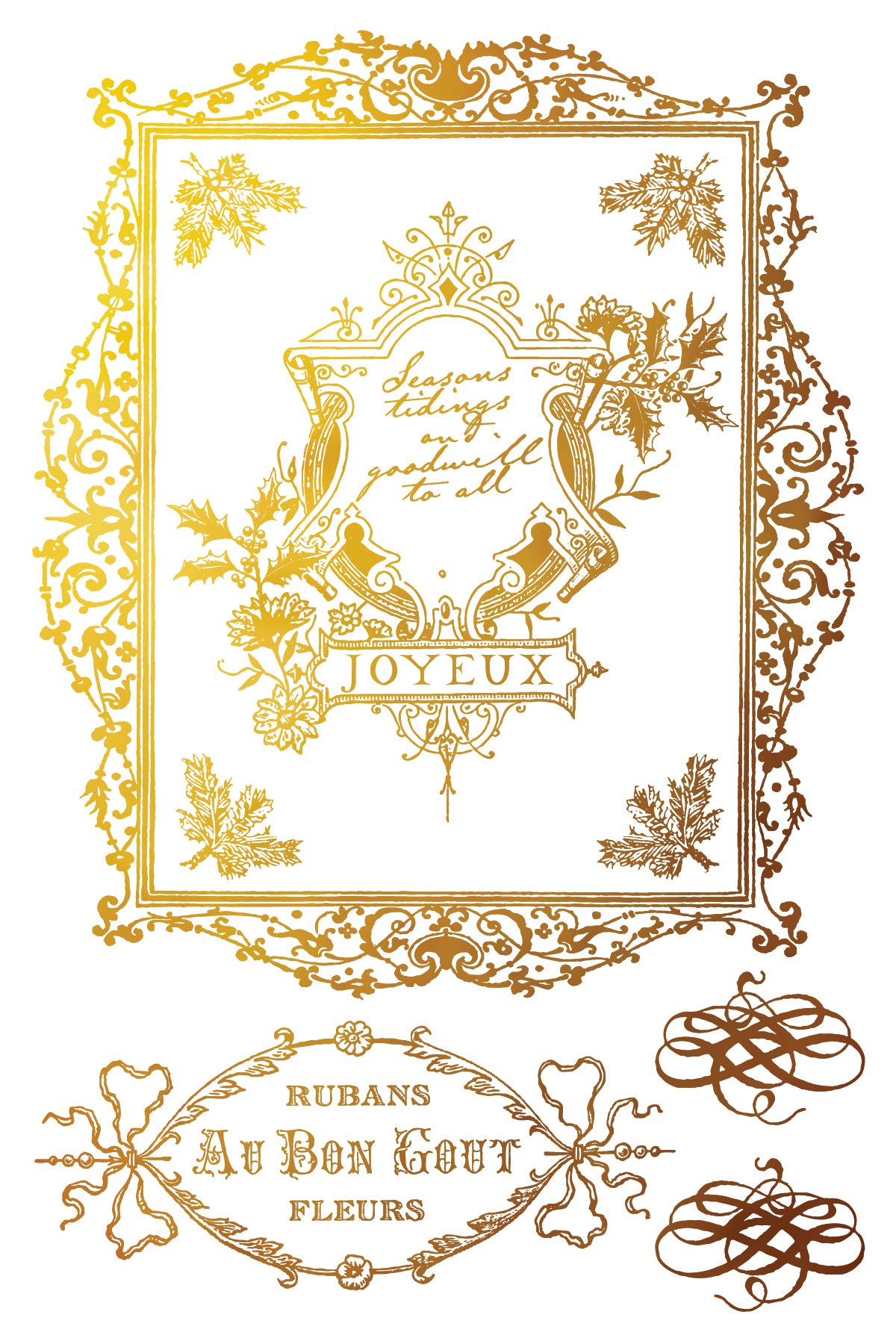 Figgy & Flourish Gilded Transfer by I.O.D.: gold vintage frame, florals, Joyeux banner, and décor on white background.
