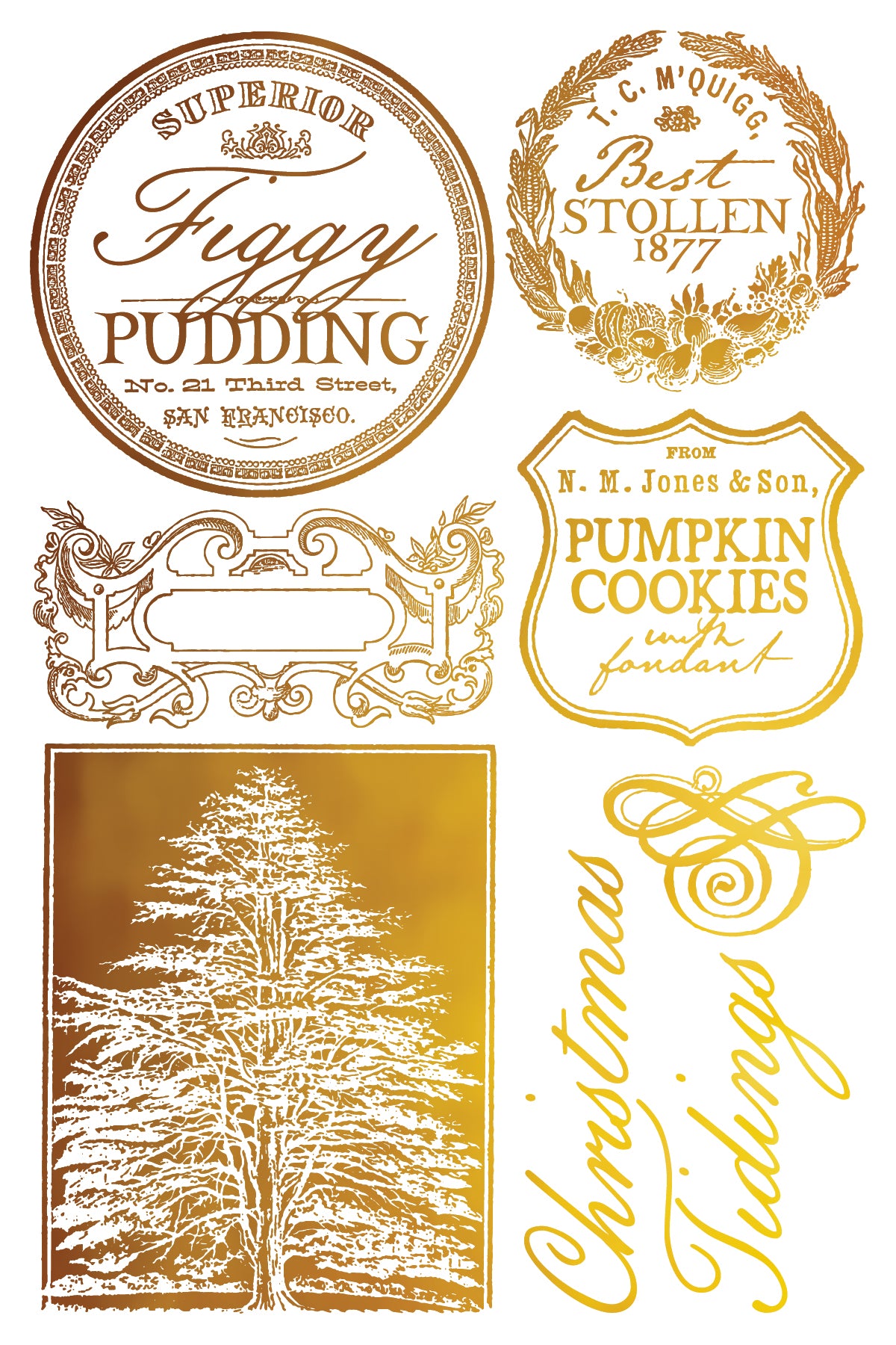 Six Figgy & Flourish Gilded Transfers by I.O.D. (2025) designed for holiday décor and gift embellishment.