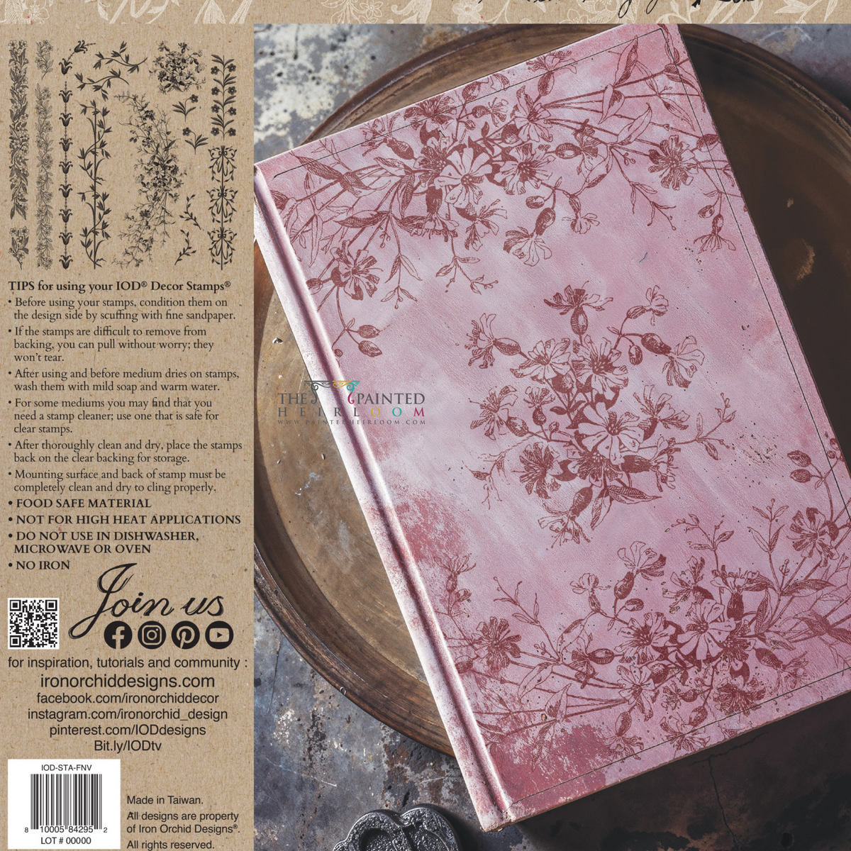 Pink floral journal next to I.O.D. Flora & Vine Stamp instructions and botanical illustrations.