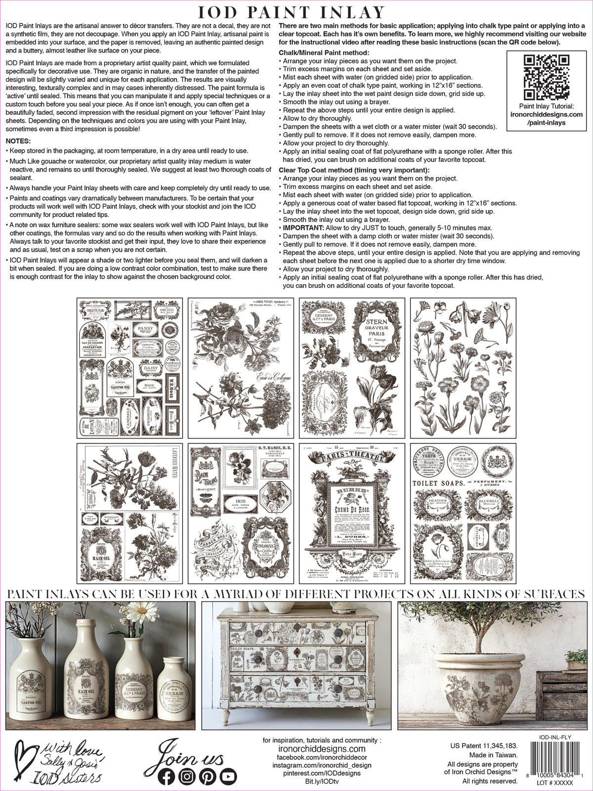Instruction sheet for IOD Retired Floriography Paint Inlay with usage tips and Parisian labels inspiration.