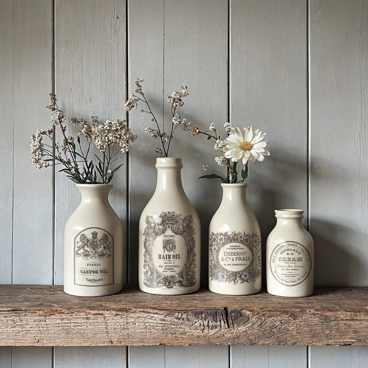 Four Floriography Paint Inlay bottles by IOD Retired arranged on a rustic shelf.