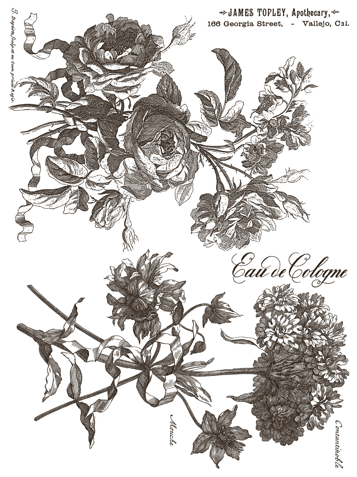 Black and white floral art with handwritten text, Parisian labels, and Floriography Paint Inlay by IOD Retired.