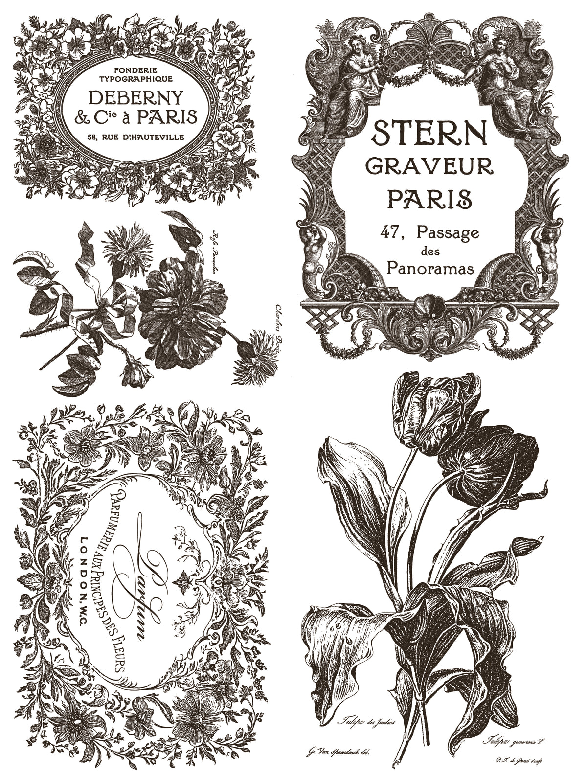 Set of four ornate floral labels inspired by IOD Retired’s Floriography Paint Inlay by Iron Orchid Designs.