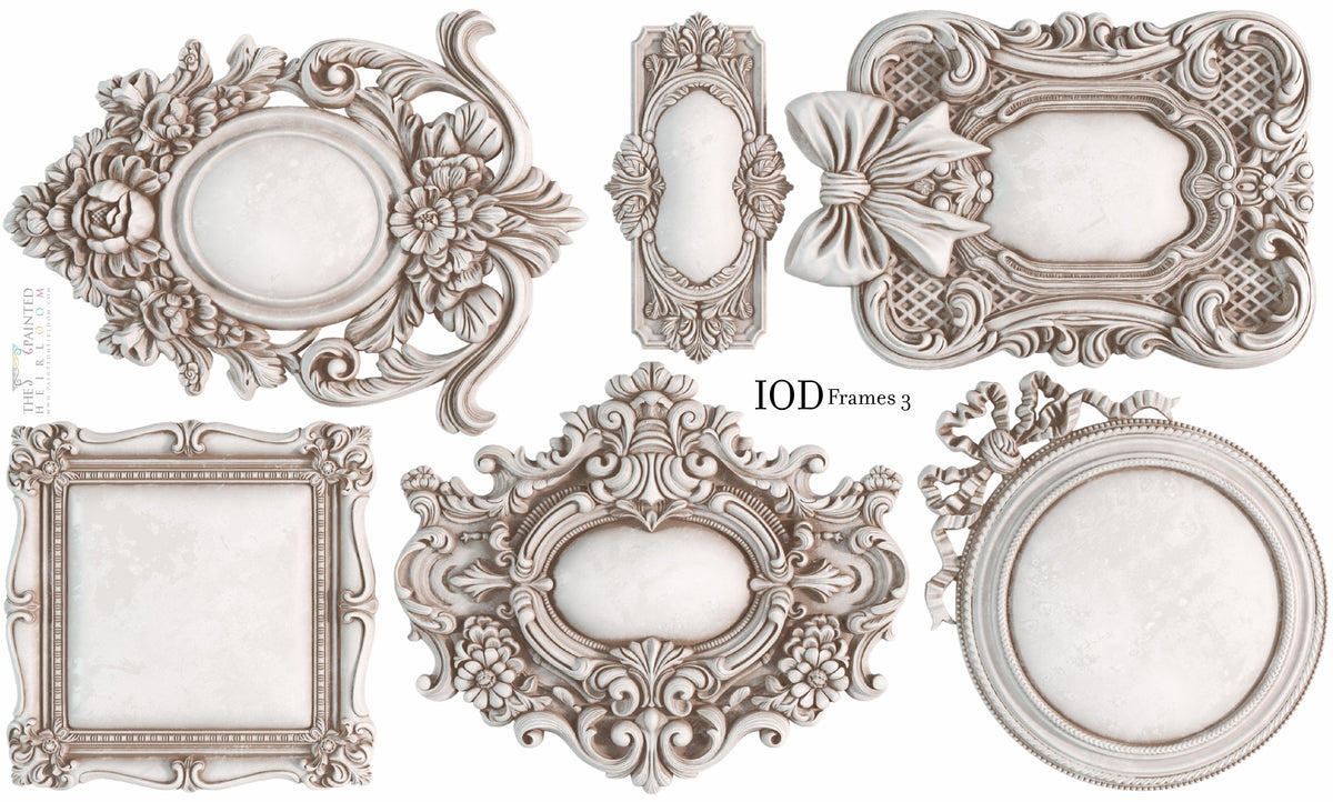 Six ornate mini frames made with I.O.D. Frames 3 Mould by Iron Orchid Designs on a plain white background.