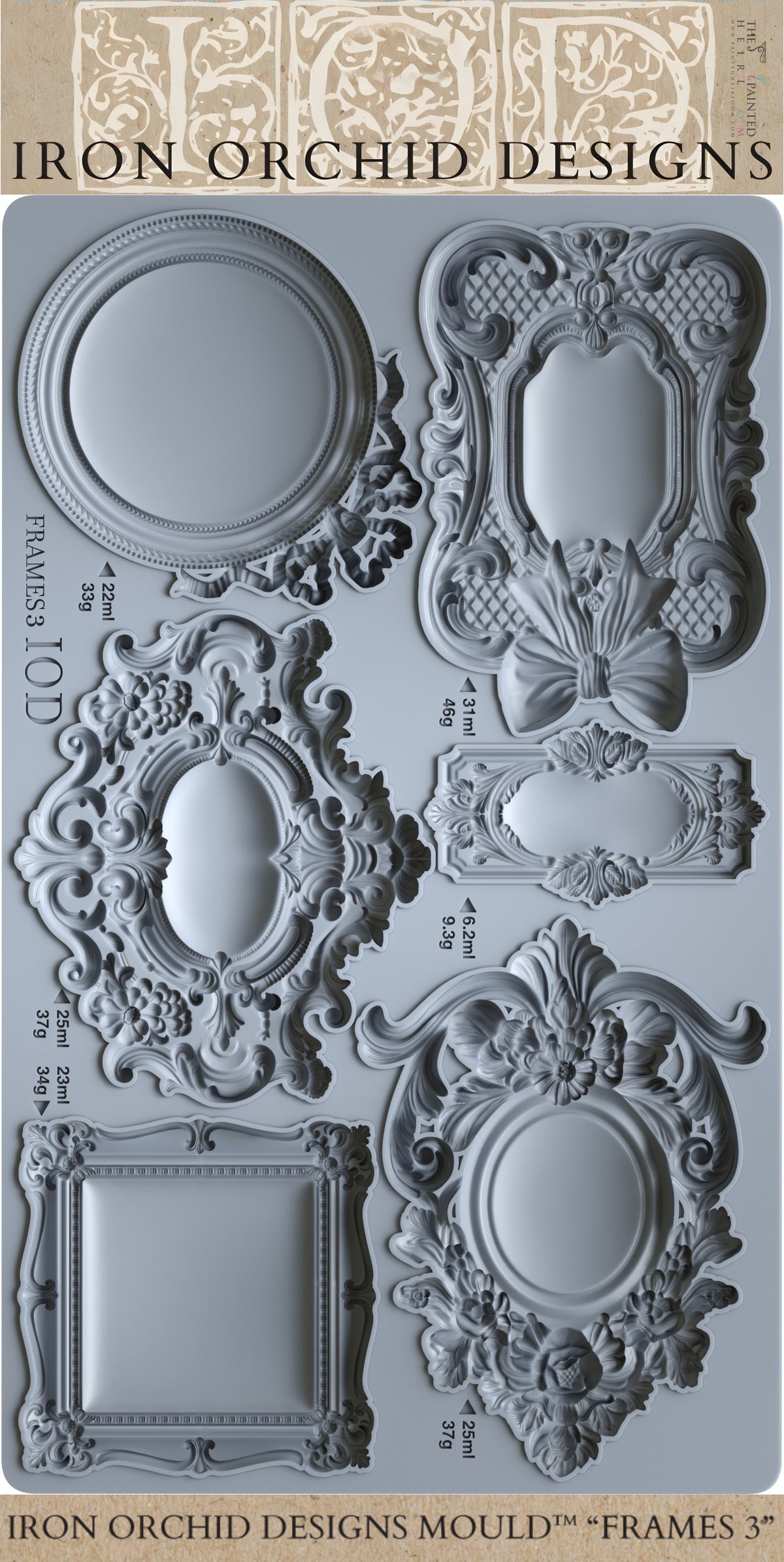 IOD Frames 3 Mould with ornate vintage mini frame designs for crafting, by Iron Orchid Designs.