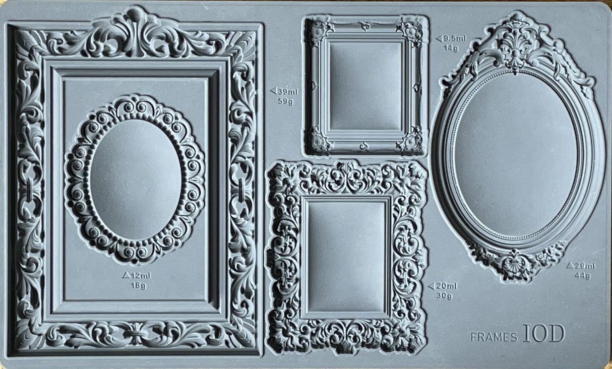 Gray silicone IOD Frames Mould with 5 ornate frame designs, each marked with volume measurements.