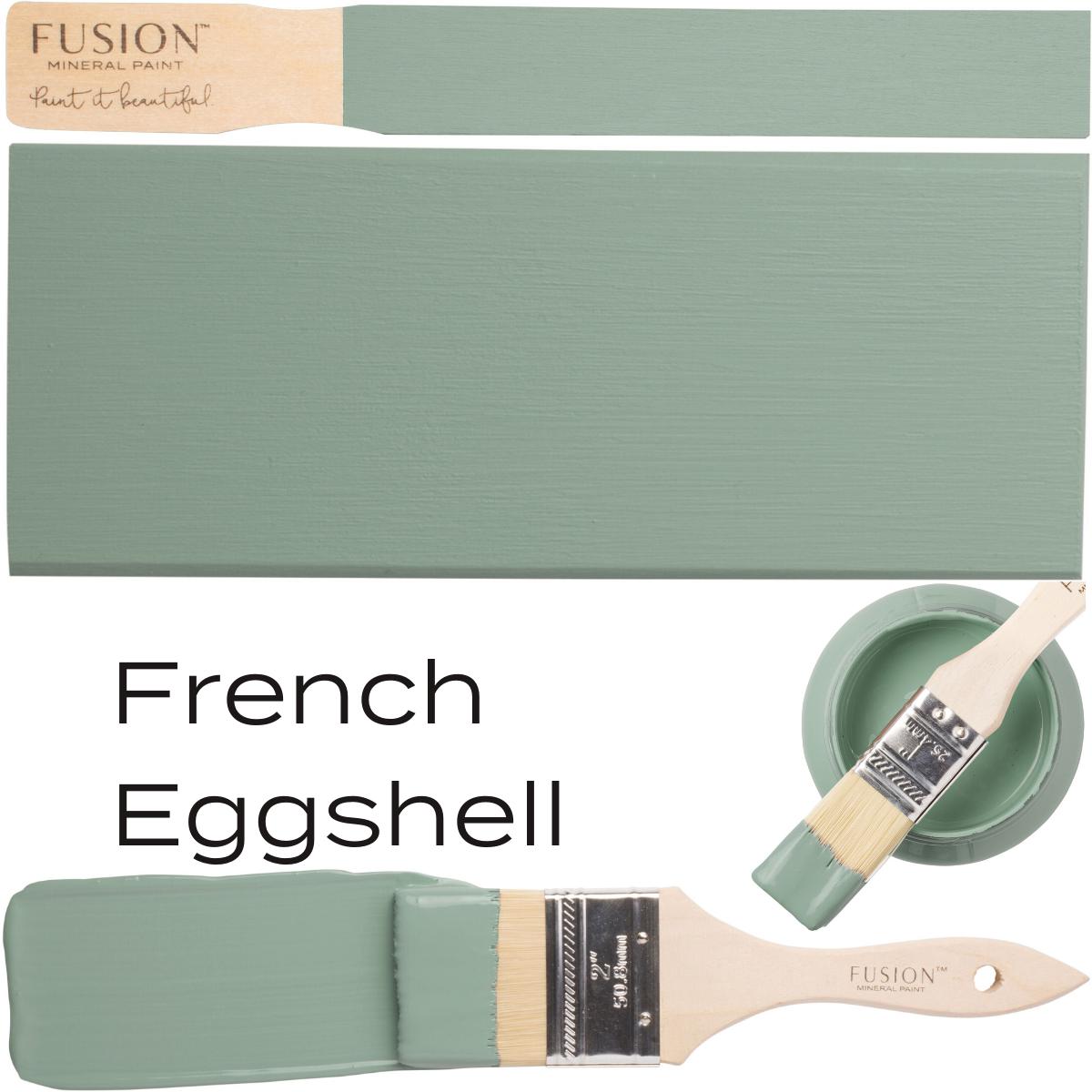 Fusion Mineral Paint French Eggshell paintbrush, painted wood sample, and painted bowl shown together.