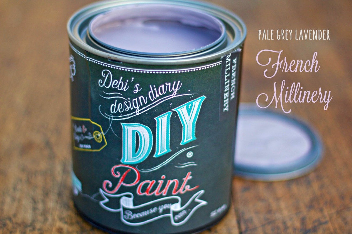 Open can of French Millinery DIY Paint by DIY Paint Co., pale grey lavender shade, lid off to the side.
