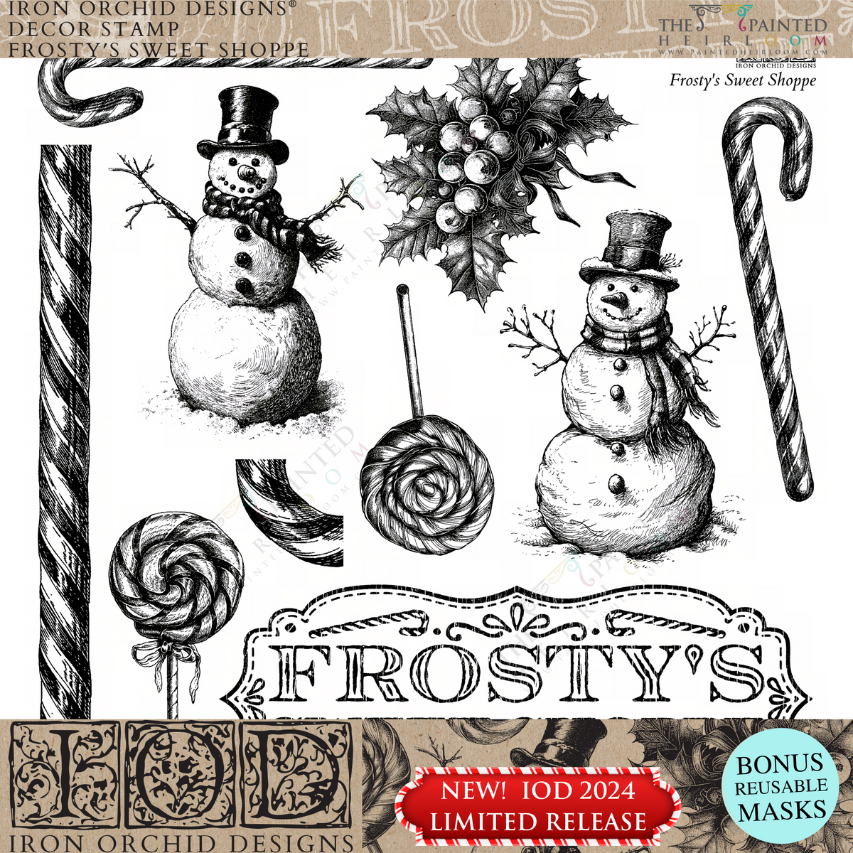 I.O.D. 2024 Frosty’s Sweet Shoppe Stamp for Christmas-themed crafts and decor.
