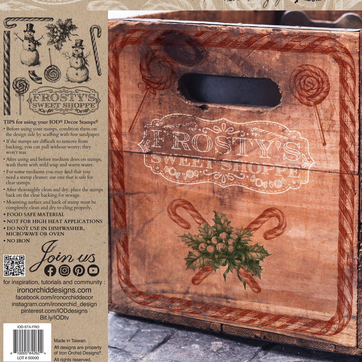 Frosty’s Sweet Shoppe Stamp (2024) by I.O.D. featuring a festive holly design for vintage holiday decor.