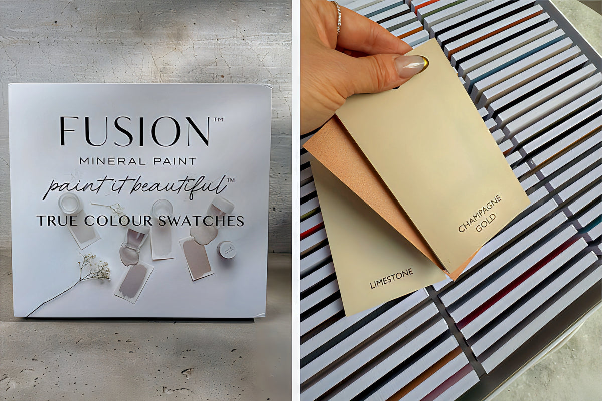 Fusion Briefcase Swatch Box Set by Fusion Mineral Paint with Limestone and Champagne Gold swatches shown in hand.
