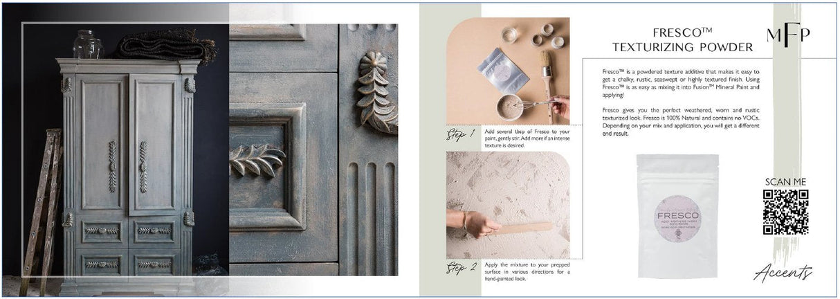 Blue-gray Fusion Mineral Paint cabinet beside Fusion Mineral Paint Product Guide and Fresco packaging.