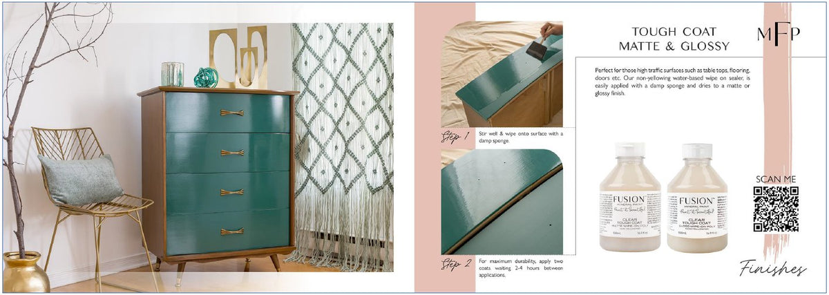 Teal dresser with gold handles, featuring Fusion Mineral Paint finish options: matte or glossy.