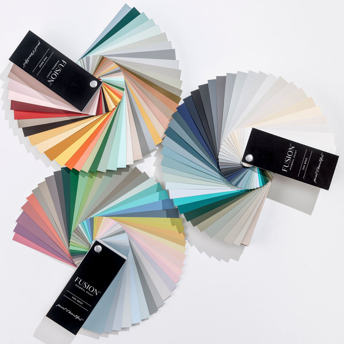 Three Fusion Mineral Paint True Color Fan Decks and Add-On Expansions displayed together on a plain background.