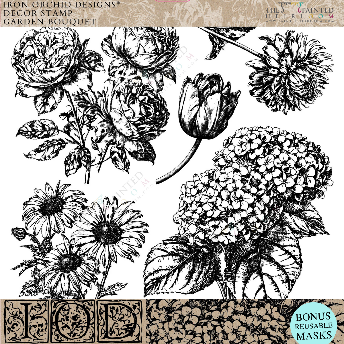 I.O.D. Garden Bouquet Stamp with black and white peonies, tulips, sunflowers by Iron Orchid Designs.