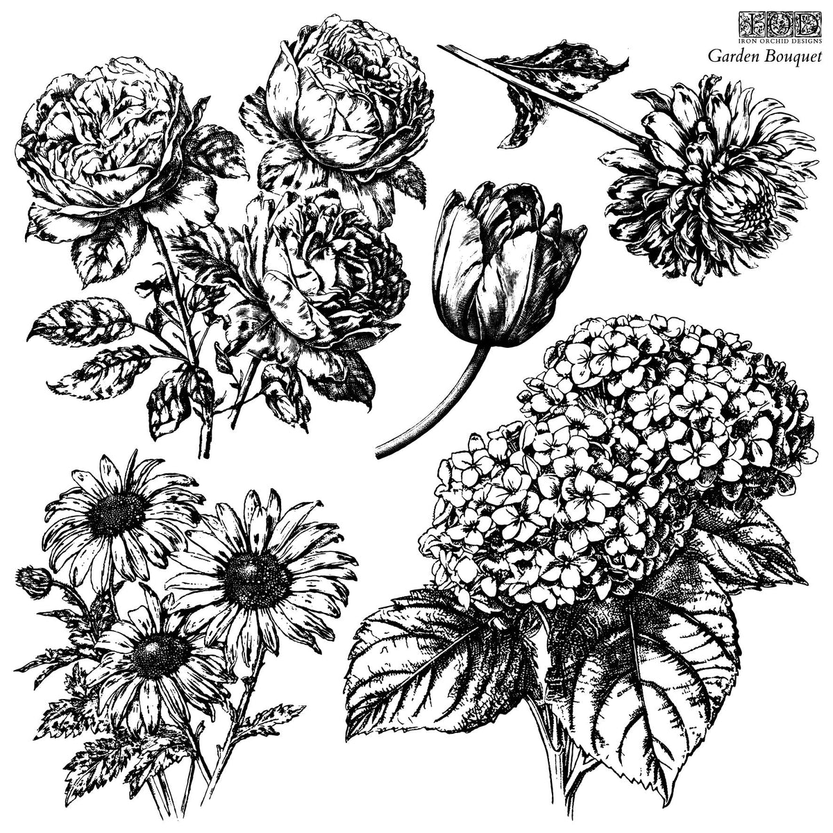 Black and white flowers for DIY décor or use with I.O.D. Garden Bouquet Stamp by Iron Orchid Designs.