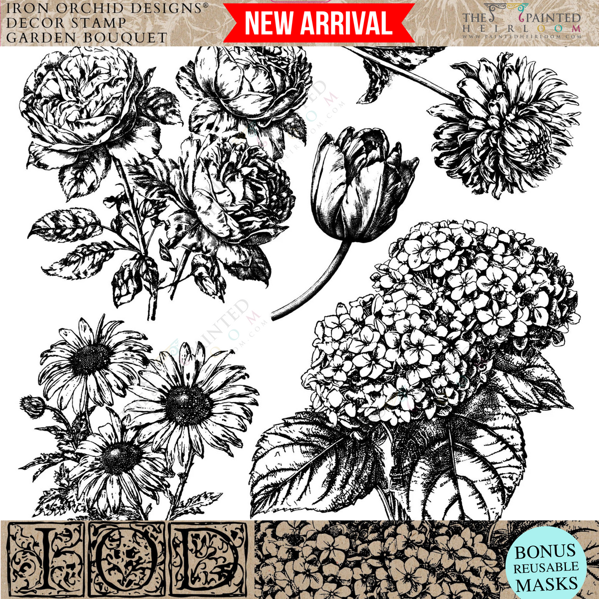 Black and white Garden Bouquet floral illustration from I.O.D. Iron Orchid Designs Stamp.