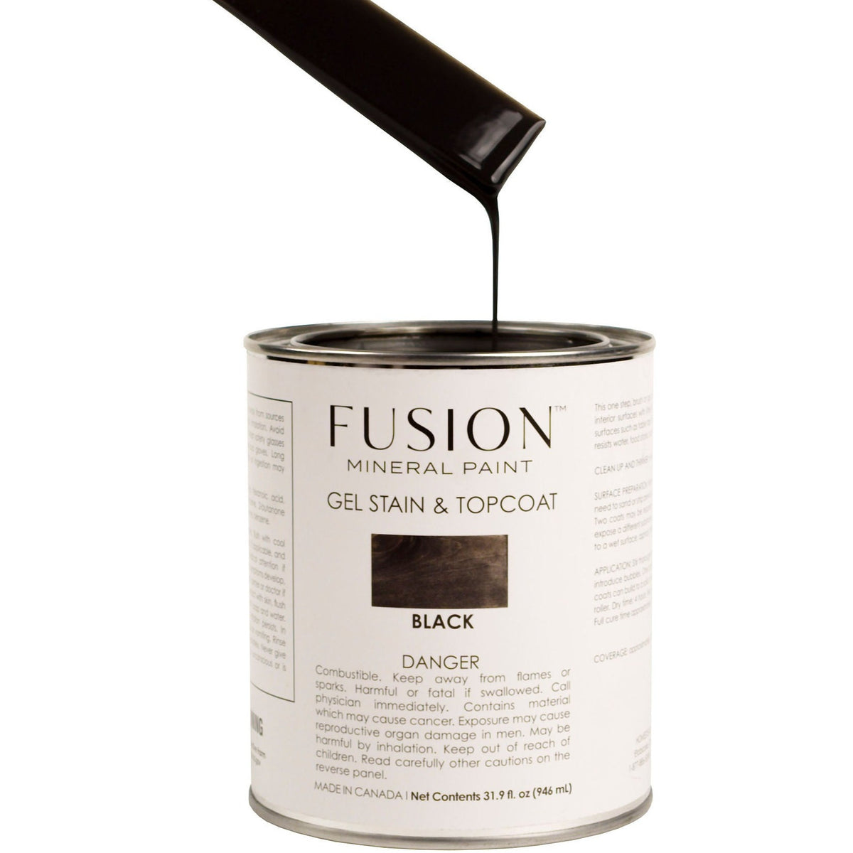 Open can of Fusion Mineral Paint Gel Stain & Top Coat Black with stick lifting the gel finish.