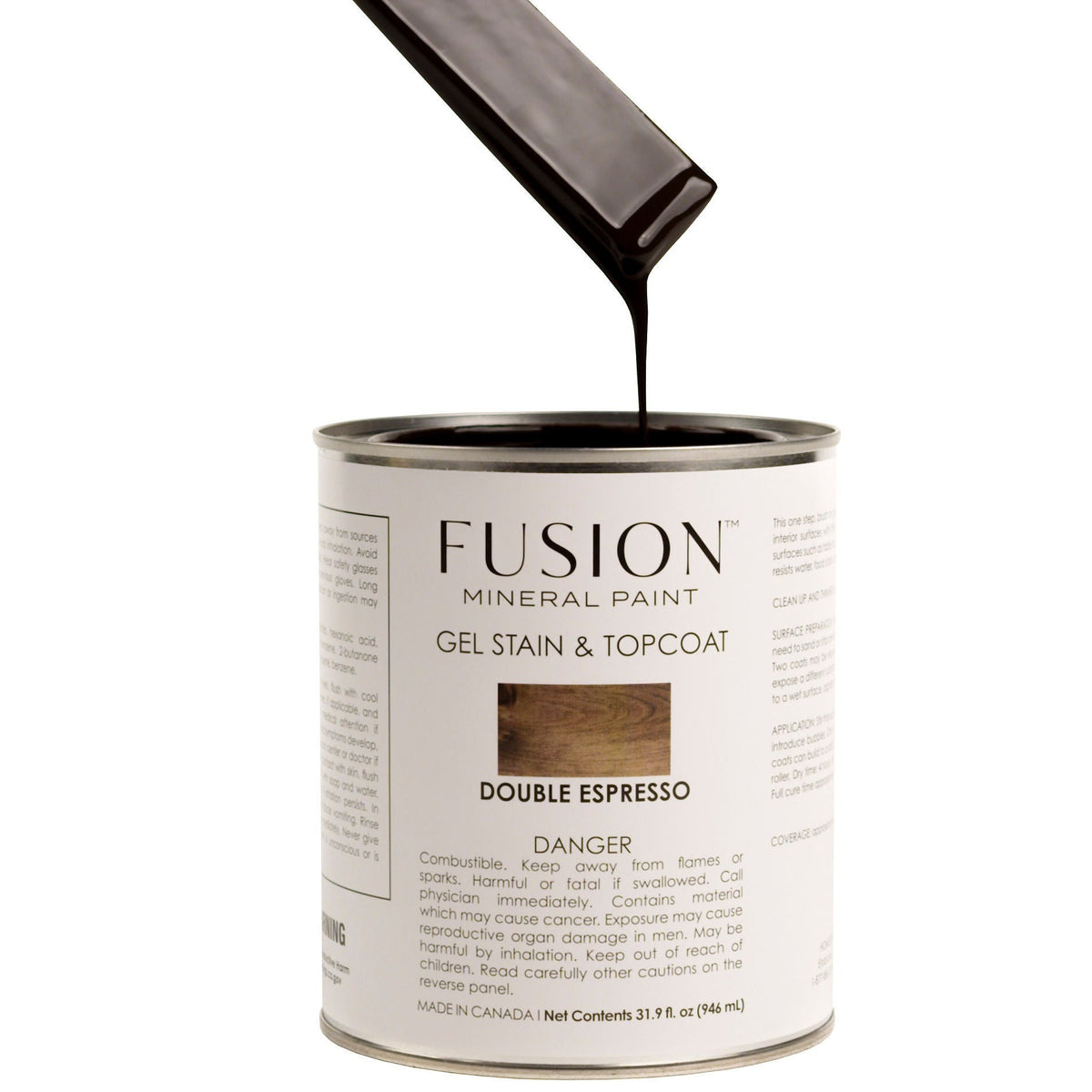 Fusion Mineral Paint Gel Stain & Top Coat in Double Espresso with stir stick showing dark gel finish.