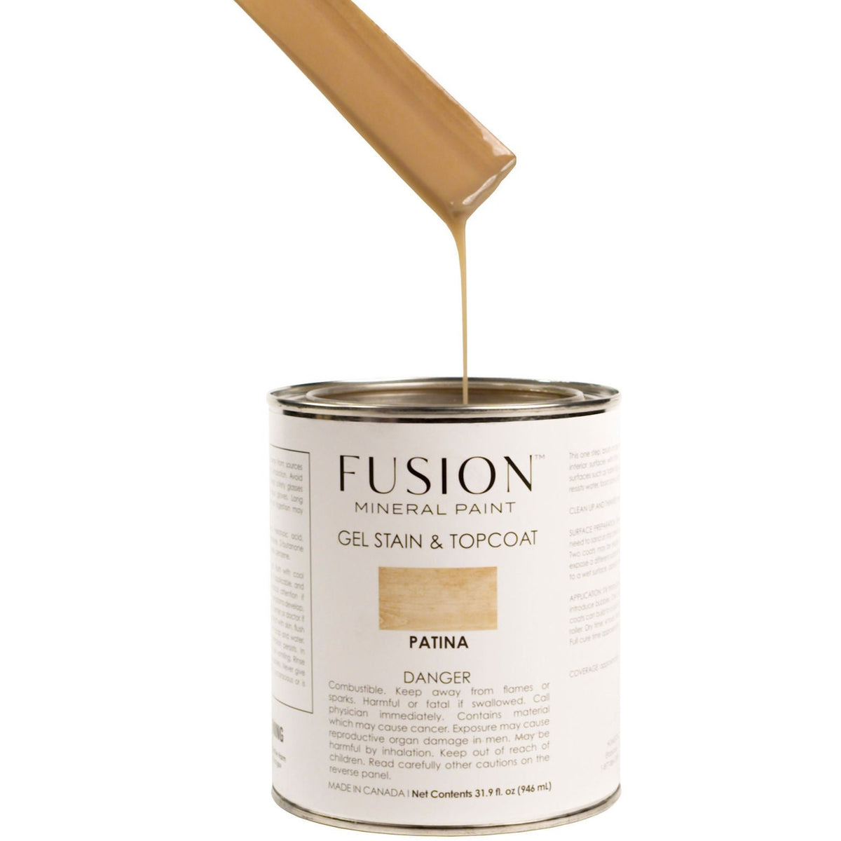 Open Fusion Mineral Paint Gel Stain & Top Coat can in Patina with a spatula dripping gel above the container.