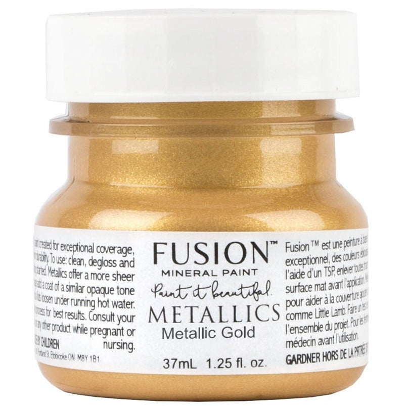 37ml jar of Gold Metallic Fusion Mineral Paint with label showing usage instructions.
