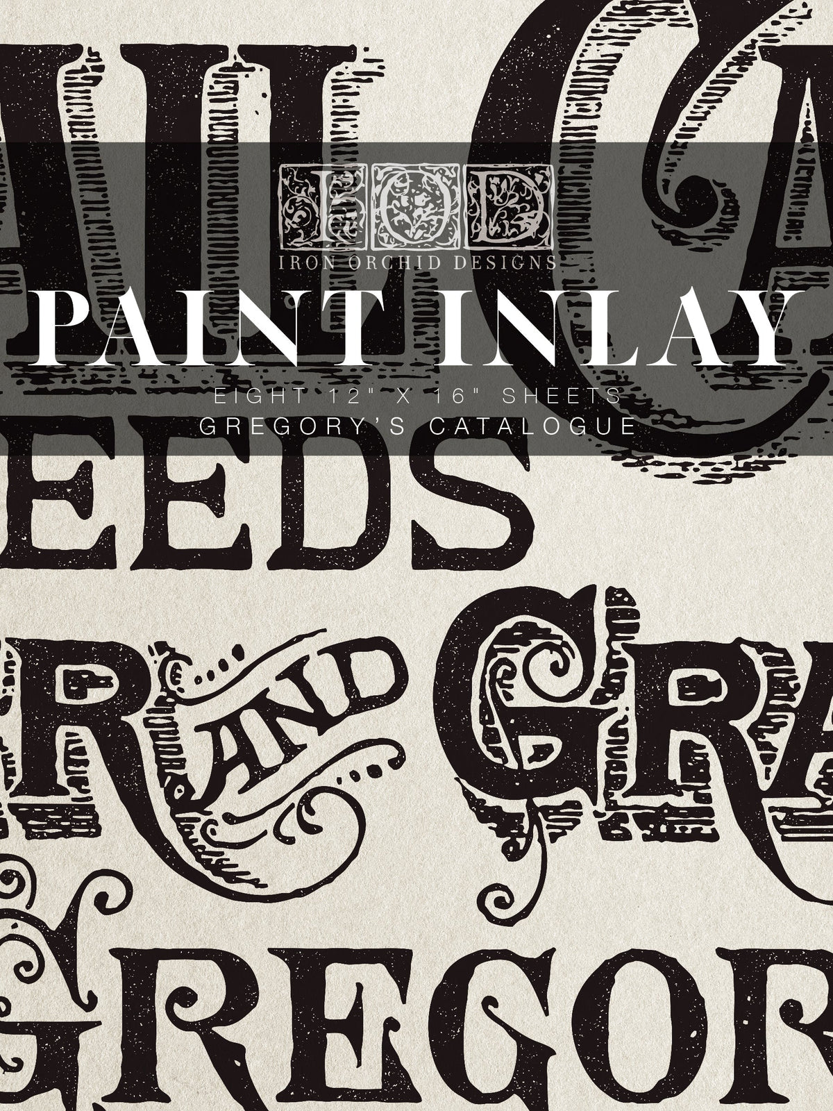 Gregory’s Catalogue Paint Inlay by I.O.D. in black vintage-style text on beige with a central gray banner.