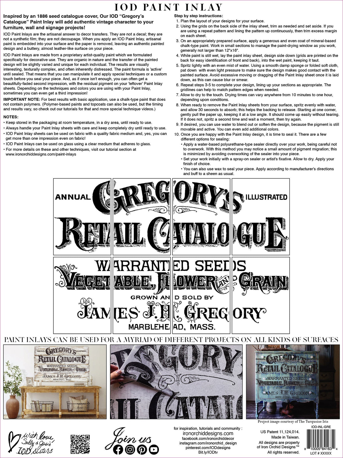 Gregory’s Catalogue Paint Inlay by I.O.D. (Iron Orchid Designs) packaging with product name and brand visible.