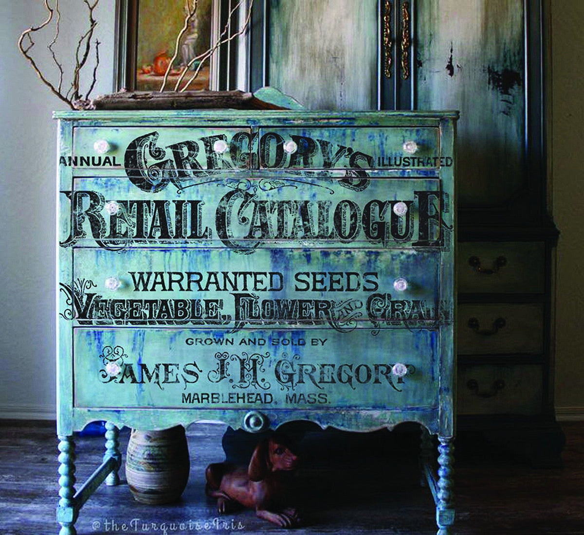 Vintage blue-green dresser with I.O.D. Gregory’s Catalogue Paint Inlay featuring classic retail and seed ads.