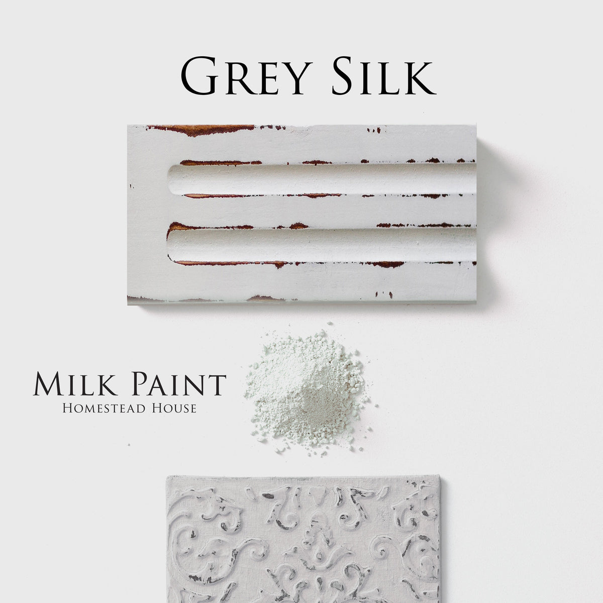 Distressed wood panel with Homestead House Grey Silk Milk Paint, embossed surface, and powder pile.