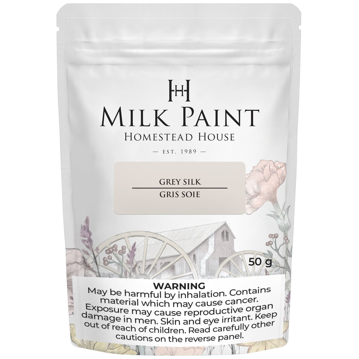 50g Grey Silk Milk Paint by Homestead House, label features health warnings and a floral wagon illustration.