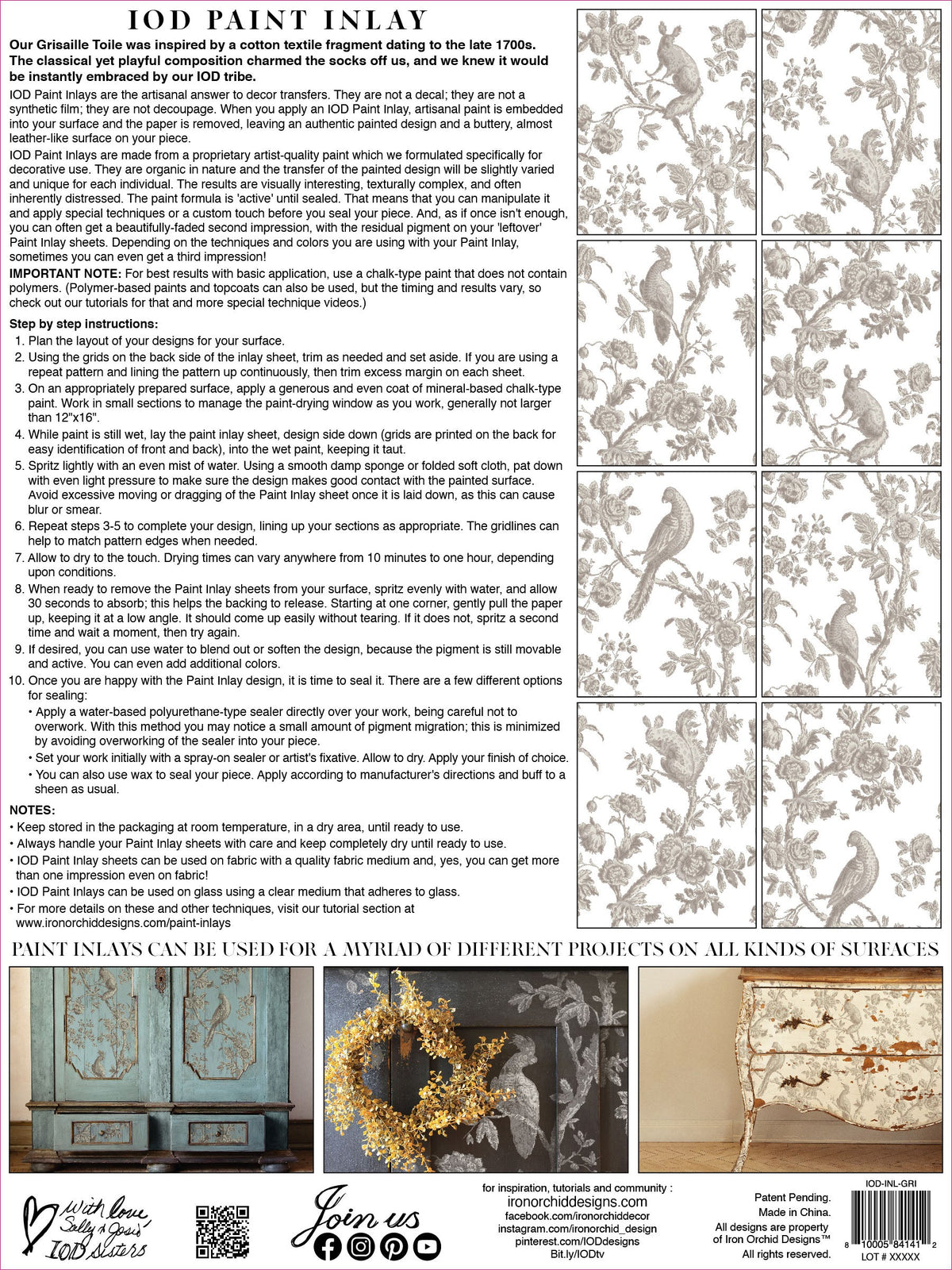 Grisaille Toile Paint Inlay by I.O.D., decorative transfer sheet for creative projects and furniture designs.