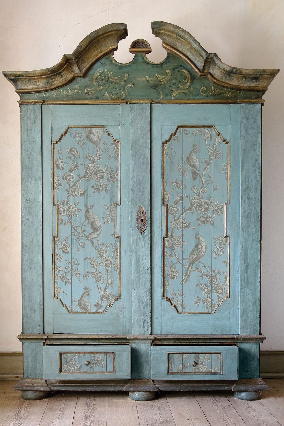 Vintage armoire with I.O.D. Grisaille Toile Paint Inlay, gold accents, and bird and floral decor transfers.